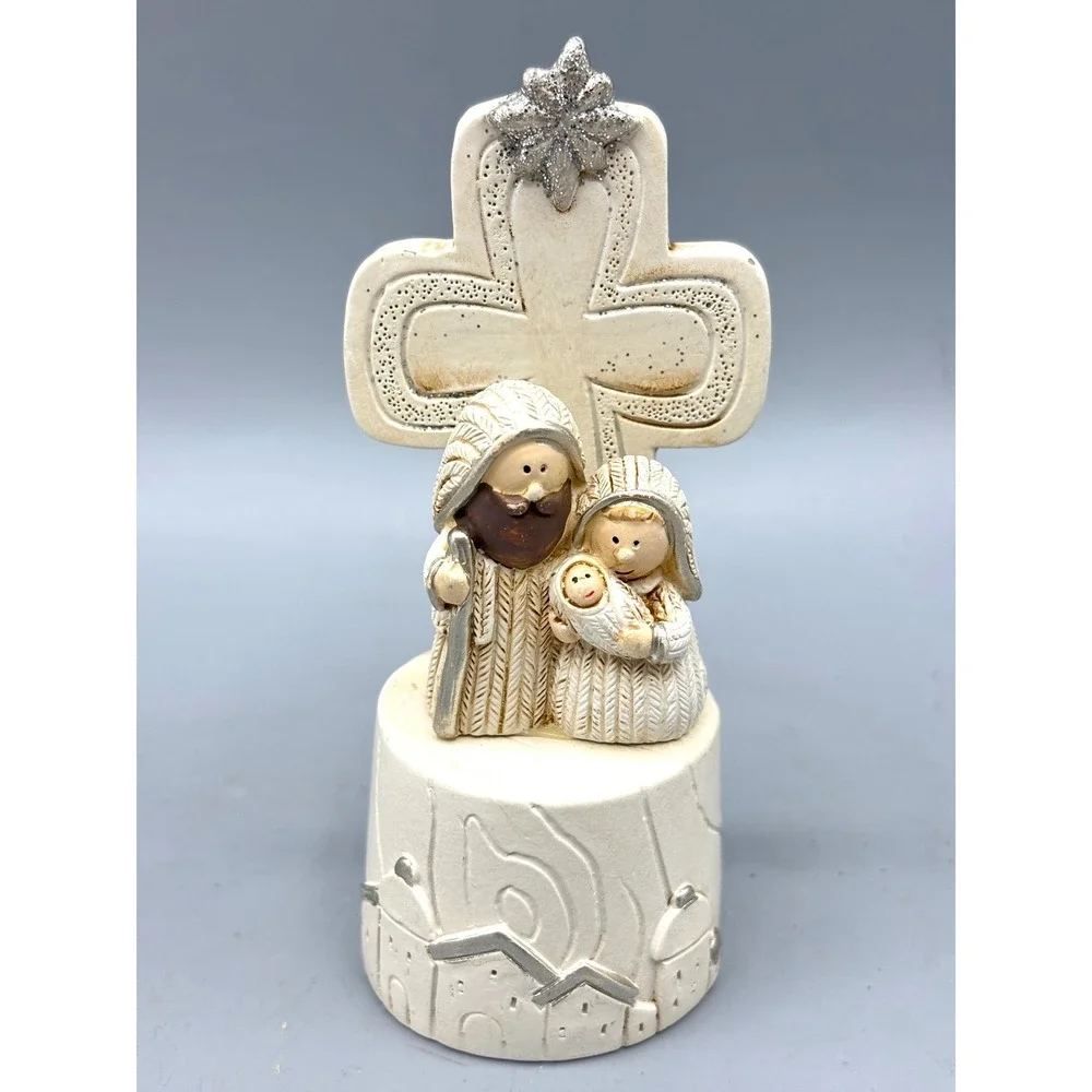 Holy Family‎ Nativity Figurine with Cross and Star Christmas Decor Cream Silver